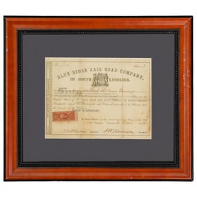 Framed Blue Ridge Rail Road Company Antique 100 Dollars Shares