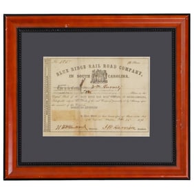 Framed Blue Ridge Rail Road Company Antique 100 Dollars Shares