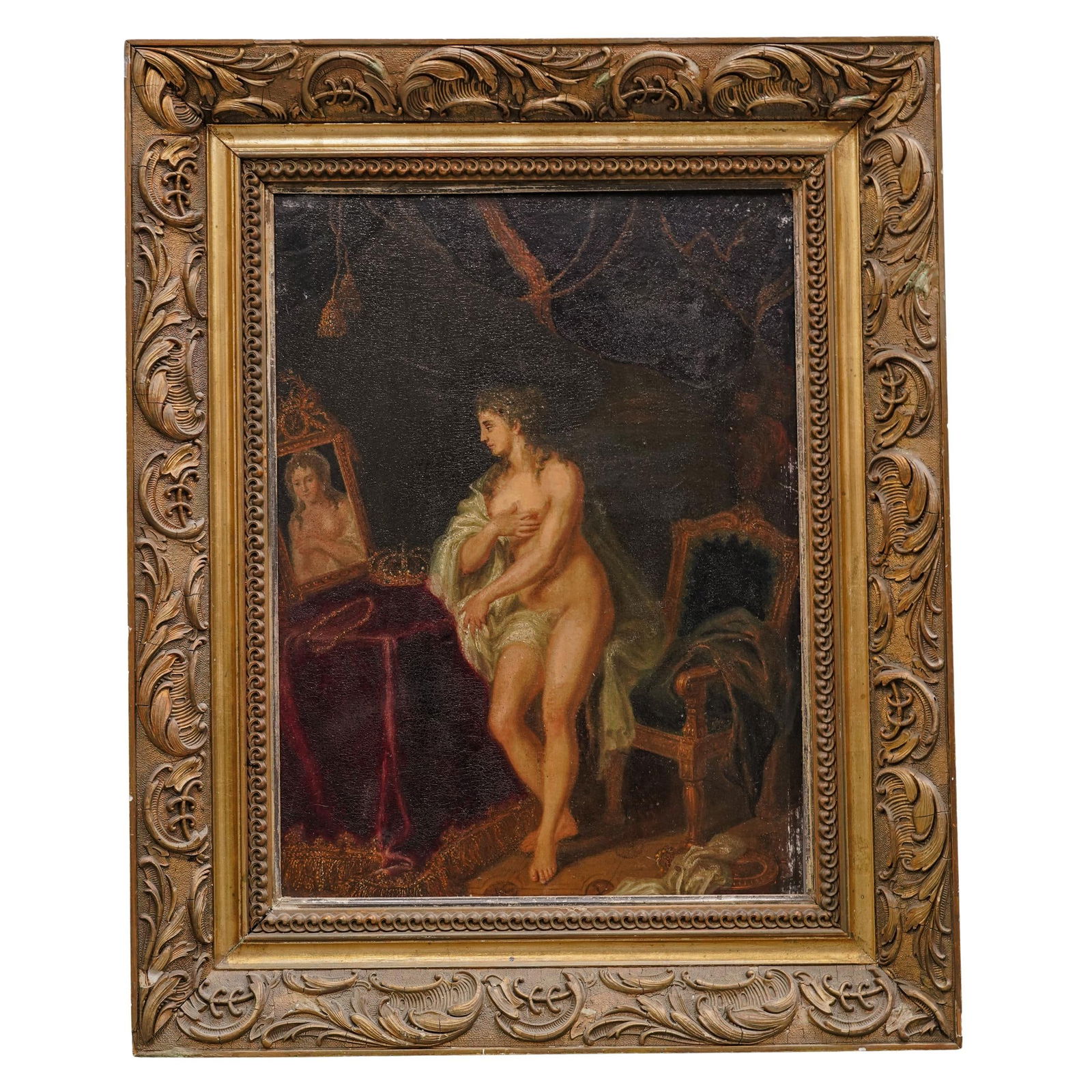 Female Nude Continental School Oil on Panel: Female Nude Continental School Oil on Panel19th century, EuropeanA 19th century "Continental School" oil on panel painting of a female disrobing at her dressing table while her image reflects from a m