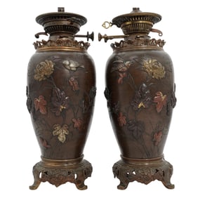Pair of Japanese Bronze Urn Converted Table Lamps
