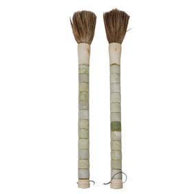 (2 Pc) Chinese Monumental Jade Handled Ceremonial Calligraphy Brushes