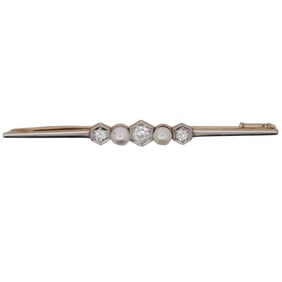 Art Deco 14k Gold Diamond and Pearl Bar Pin
