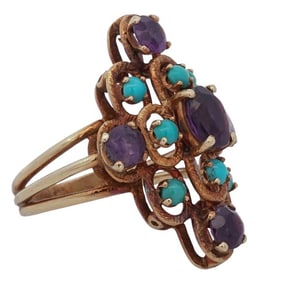 Signed 18k Gold Amethyst and Turquoise Ring
