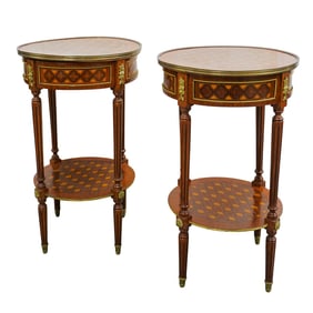 Pair of Wooden Faux- Marquetry and Brass Side Tables