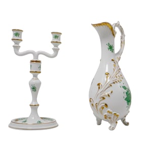(2 Pc) Herend "Chinese Green Bouquet" Candlestick & Fancy Jug