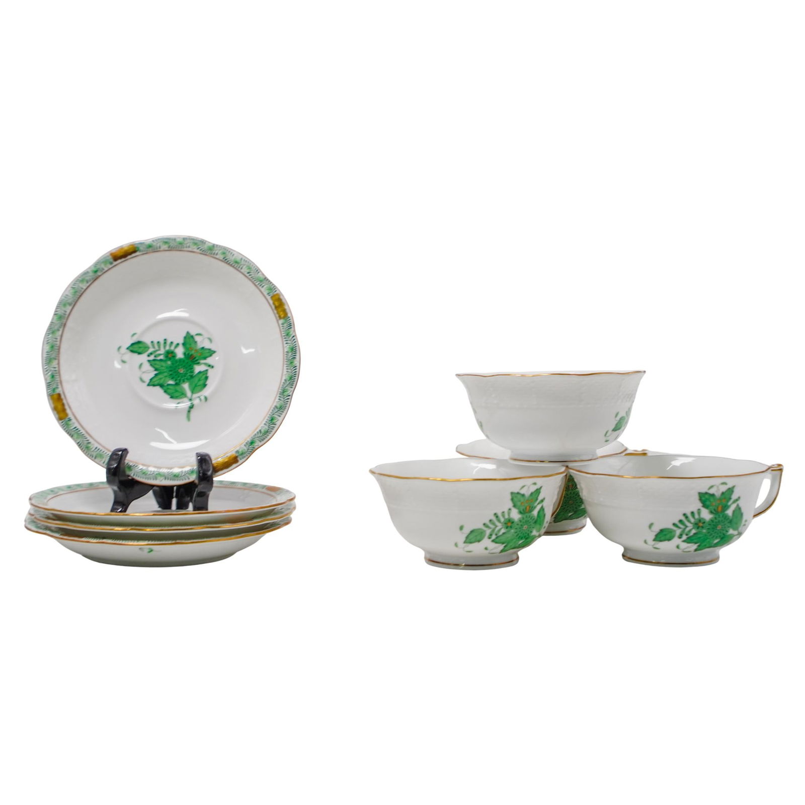 (8 Pc) Herend "Chinese Green Bouquet" Footed Cups & Saucers Set (1 of 9)