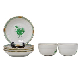 (8 Pc) Herend "Chinese Green Bouquet" Flat Cups & Saucers Set