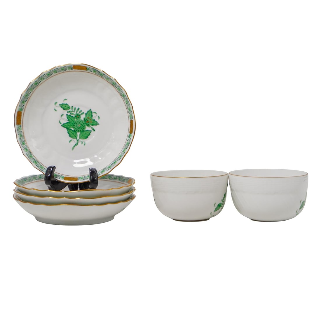 (8 Pc) Herend "Chinese Green Bouquet" Flat Cups & Saucers Set (1 of 10)