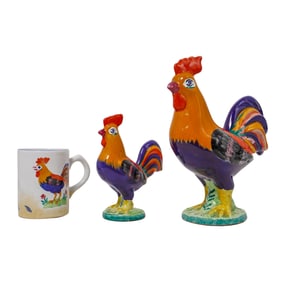 (3 Pc) Herend Village Pottery Porcelain Chicken Mug & Sculptures