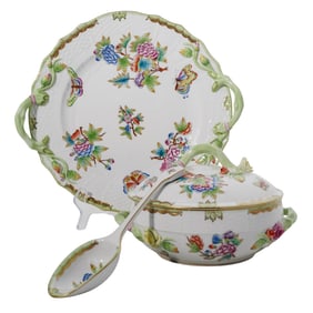 (3 Pc) Herend Porcelain "Queen Victoria" Tureen / Dish & Spoon Set