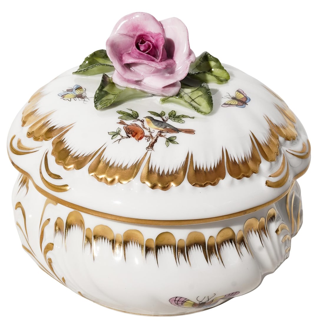 Herend Hungarian Porcelain Gilded Bonbonniere: Herend Hungarian Porcelain Gilded Bonbonniere 20th c., Hungary Hand-painted porcelain bonbonniere dish with butterfly designs and gilded accents. The lid features a hand-modeled rose with painted bird