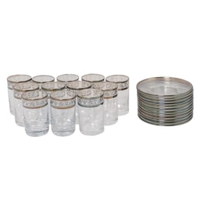 (24 pcs) Italian Nickel-Silver Rimmed Glass Espresso Cups and Saucers