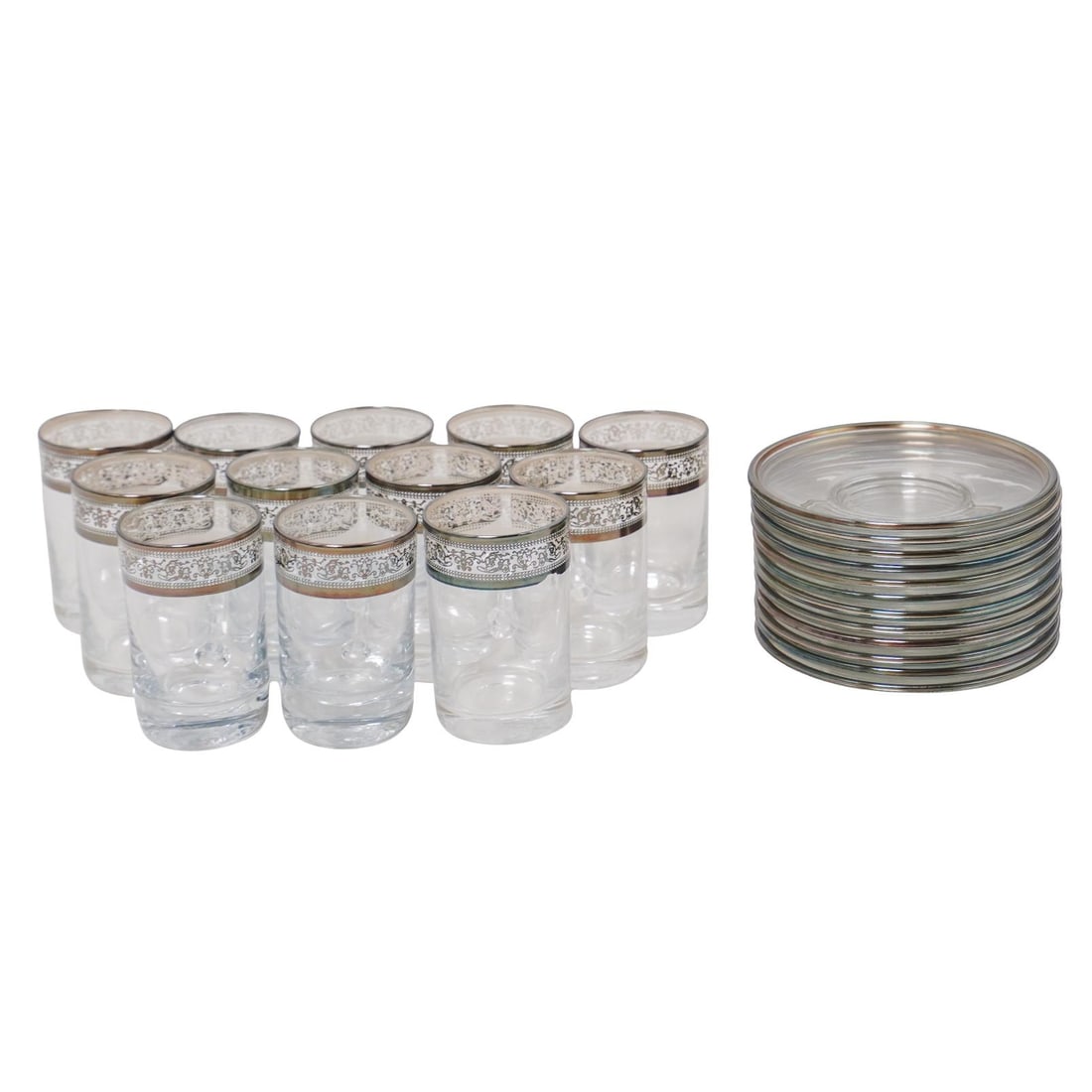 (24 pcs) Italian Nickel-Silver Rimmed Glass Espresso Cups and Saucers (1 of 10)