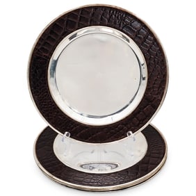 (8 Pc) Set of Leather Accented Silver Metal Platters