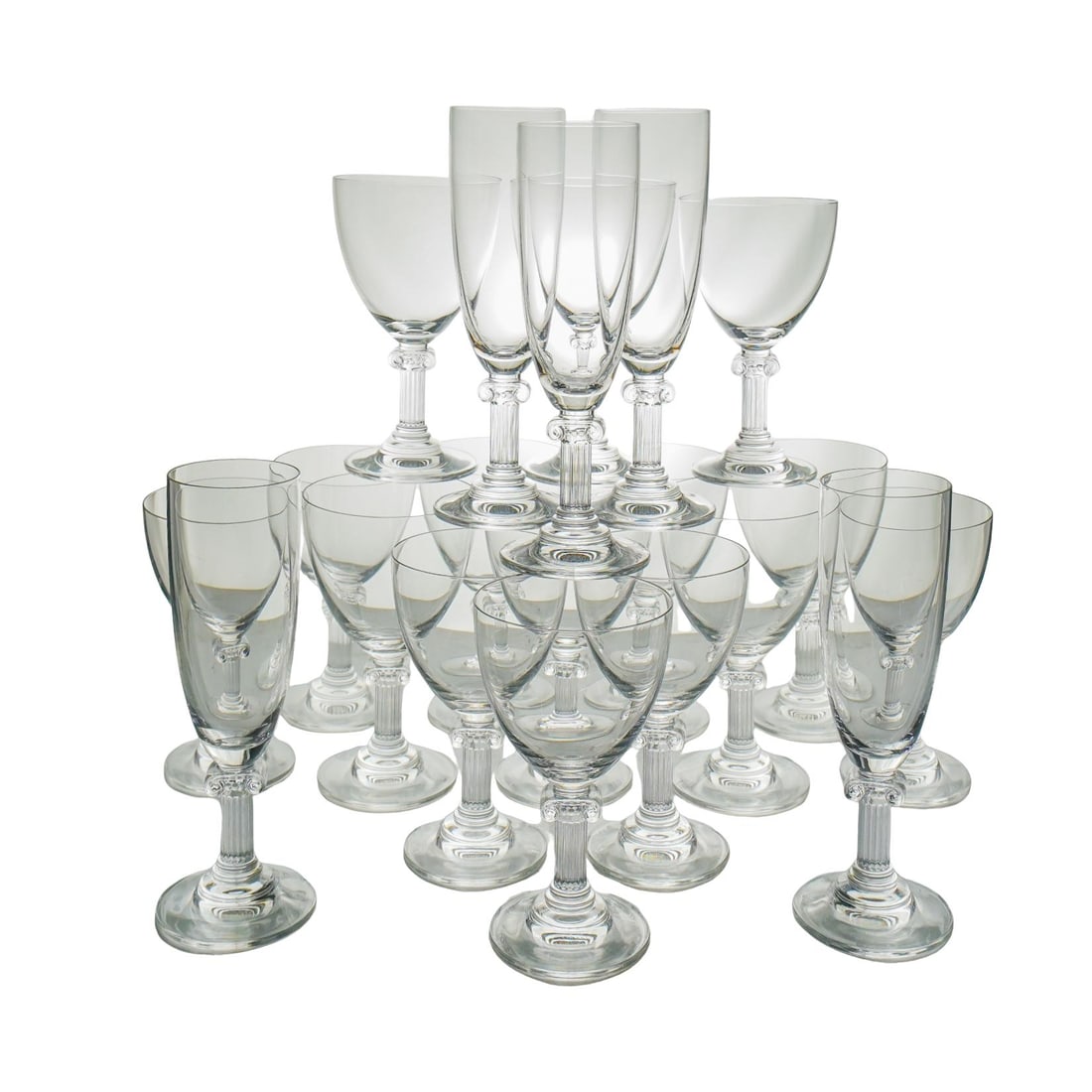 Mikasa Crystal "Parthenon" Stemware Set: Mikasa Crystal "Parthenon" Stemware Set20th Century, USA(20 Pc) Mikasa crystal stemware goblets set, in the "Parthenon"pattern, embellished with Ionic column stem in clear crystal. This set includes:(