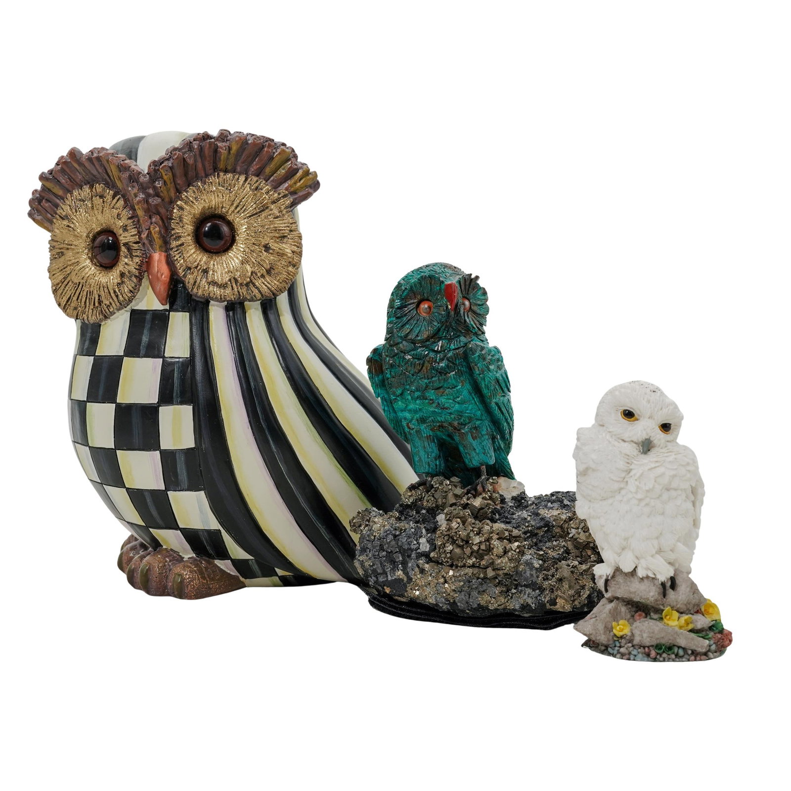 Mackenzie Childs Courtly Check and Stripe Owl Sculpture: Mackenzie Childs Courtly Check and Stripe Owl Sculpture 20th c., Continental Mackenzie Childs Courtly check and stripe owl sculpture, with gilded details and Mackenzie plaque at base. H: 8" W: 5" L: 7