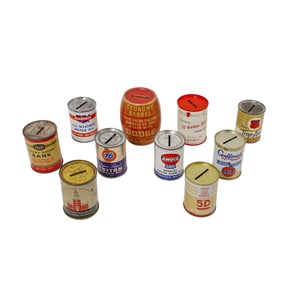 (10 Pc) 1950s Rare Oil & Gas Company Tin Can Coin Banks