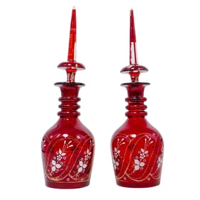 Pair of Hand-Painted Bohemian Cranberry Glass Decanters