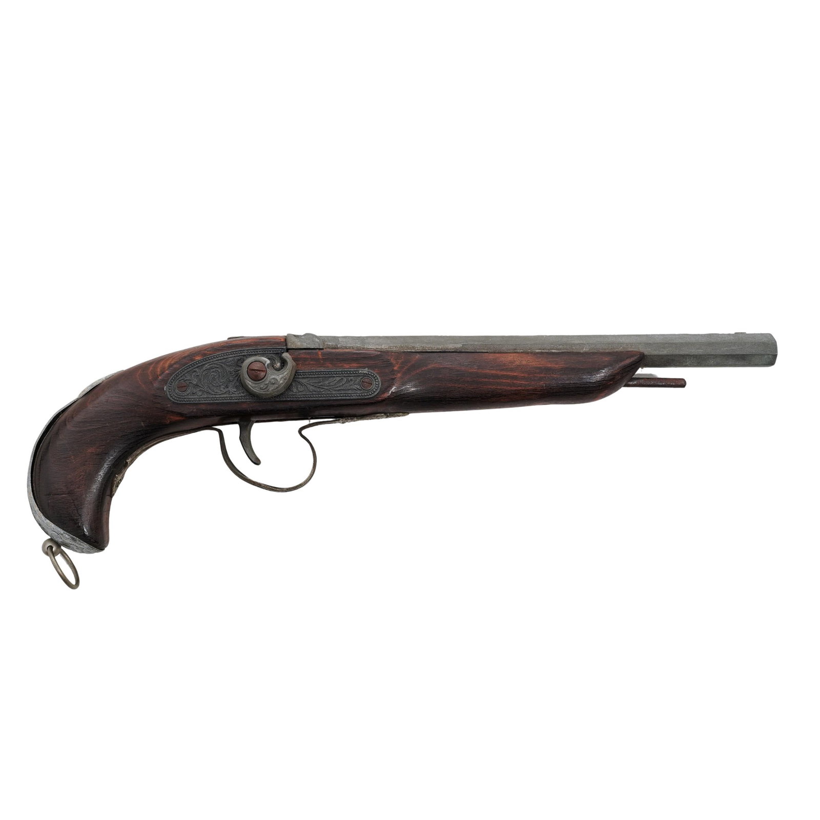 Model Of An Antique Muzzle-Loading Pistol: Model Of An Antique Muzzle-Loading Pistol 19th-20th c., Continental Antique pistol replica with an octagonal muzzle and arabesque accents engraved 1864 on one side. 15"L