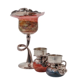 (5 Pc) King Solomon Israeli Sterling Overlay Glass Goblet, Cruets & Stoppers