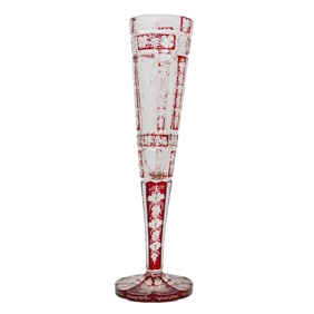 Tall Bohemian Ruby Cut-To-Clear Crystal Glass Vase
