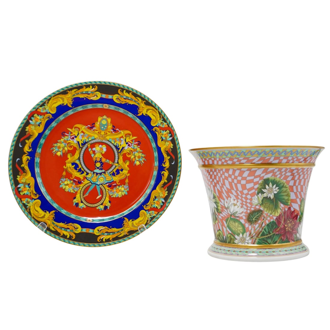 (2 Pc) Rosenthal Versace Porcelain Charger Plate & Jardiniere: (2 Pc) Rosenthal Versace Porcelain Charger Plate & Jardiniere20th c., Germany"Tropical Wonderland" planter featuring lotus flowers and lily pads on a colorful gormetric background with gold rims. Rose