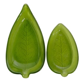 Pair of Green Art Glass Leaf Dishes