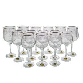 (13 Pc) Czech Bohemian Wine Goblets W/ Gold-Inlaid Scroll