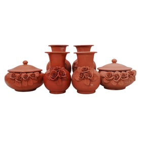(6 Pc) Hand-Crafted Terracotta Rose Vases and Lidded Bowls
