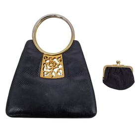 Judith Leiber Gold-Tone and Black Lizard Clutch