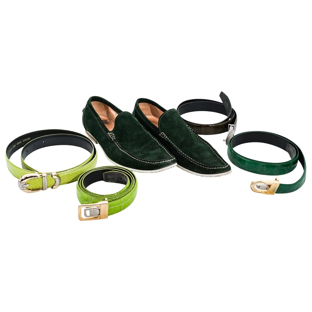 (5 Pc) Pair of Mens Dolce & Gabbana Suede Loafers and 4 Accent Belts: (5 Pc) Pair of Mens Dolce & Gabbana Suede Loafers and 4 Accent Belts20th c., ItalyUS size 9.5 green suede leather Dolce & Gabbana loafers featuring white stitching and white soles with a brown insert