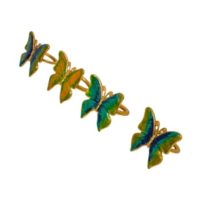 (4 Pc) Iridescent Enameled Brass Butterfly Napkin Rings