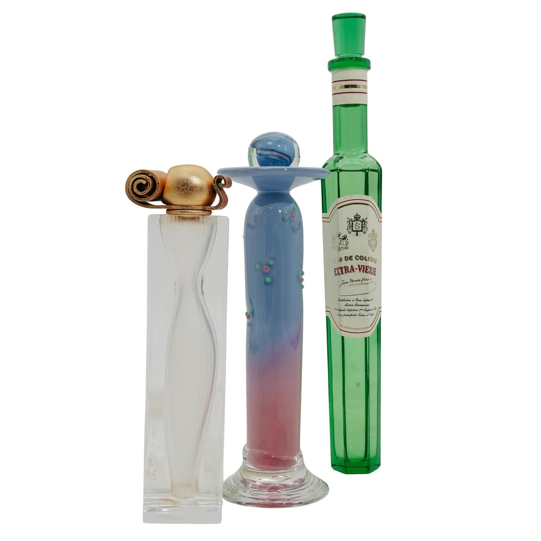 (3 Pc) Perfume Bottle Collection: John Gilvey, Givenchy, Roger & Gallet: (3 Pc) Perfume Bottle Collection: John Gilvey, Givenchy, Roger & Gallet20th c., ContinentalJohn Gilvey Art Glass perfume bottle with artist signature and dated 1989 on the bottom. Limited Edition Roge