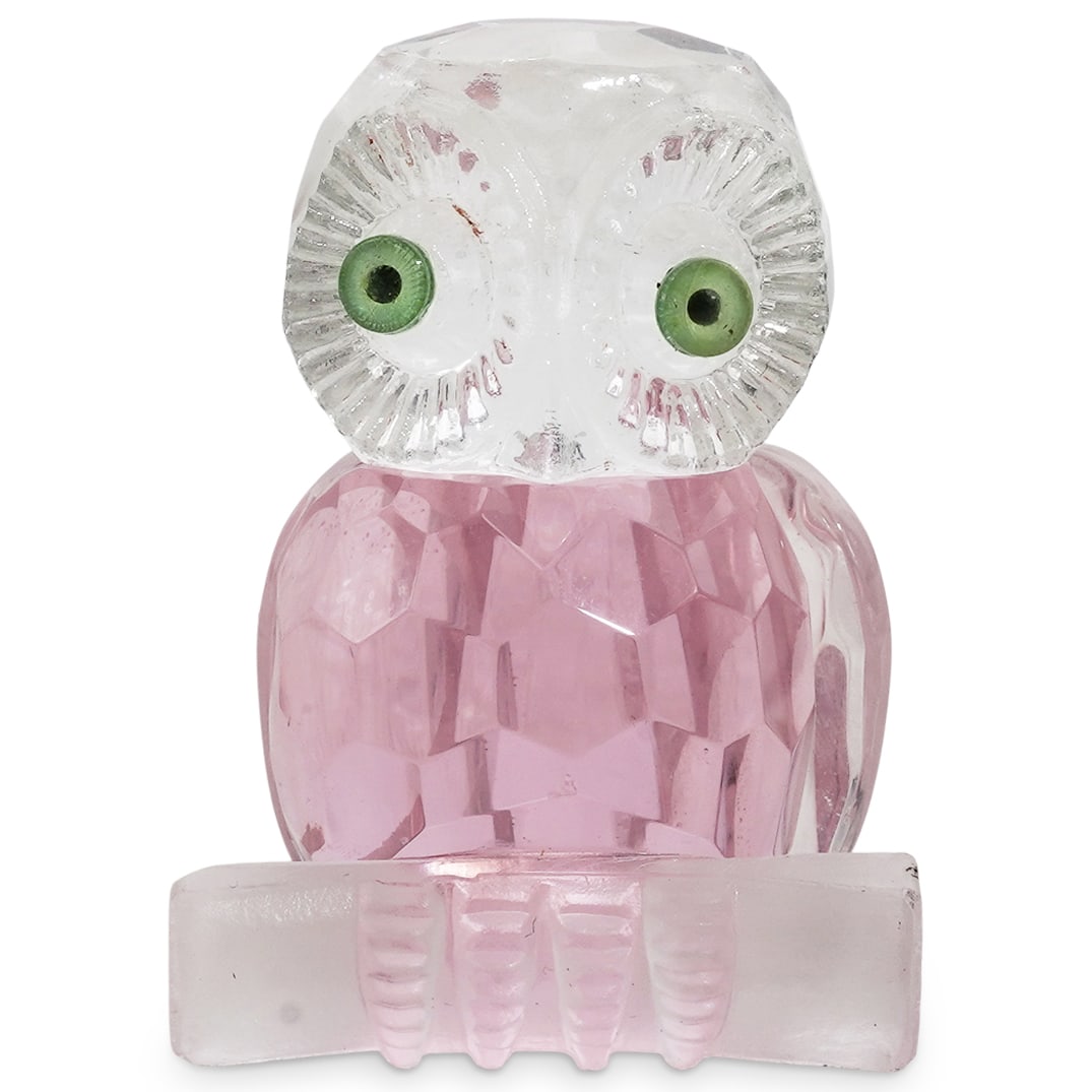 Decorative Crystal Owl Figurine: Decorative Crystal Owl Figurine 20th Cent., Continental Small decorative crystal owl figurine, crafted from faceted and polished glass. The body is made of faceted clear crystal with a pink tint, and 