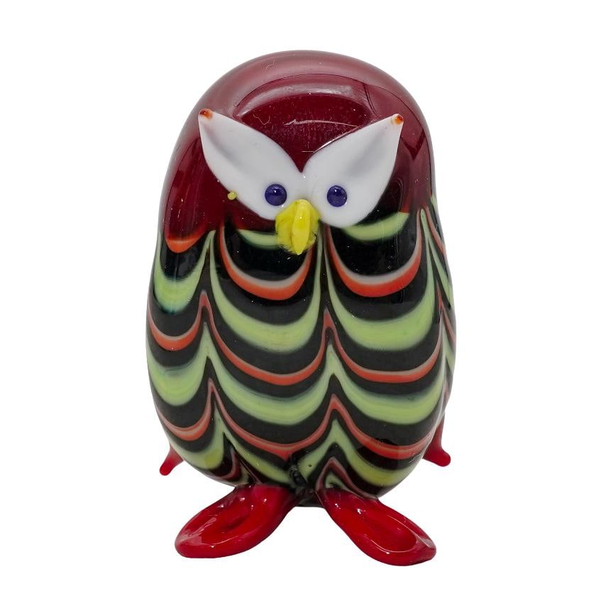 Murano Miniature Glass Owl Figurine: Murano Miniature Glass Owl Figurine Murano miniature hand blown art glass owl figurine, featuring multicolored glass body with formed eyes, beak, and feet. H: 2"