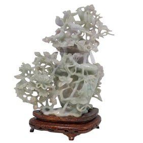 Antique Carved Lavender Jade Covered Urn w/ Praying Mantis & Birds