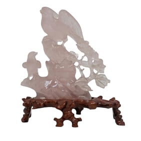 Chinese Carved Rose Quartz Bird Pair Figurine