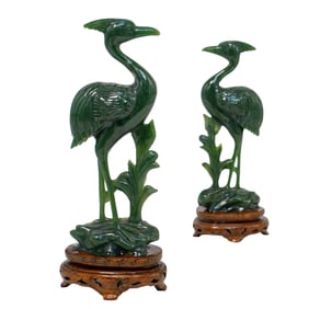 Pair of Chinese Carved Spinach Jade Cranes