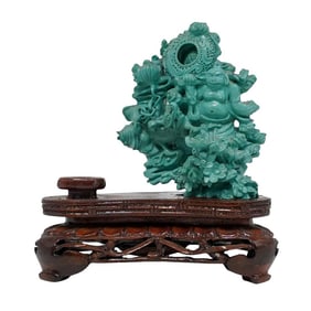 Antique Carved Chinese Turquoise Mythical Figural Grouping