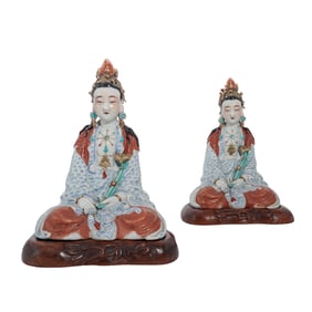 Pair of Chinese Porcelain Guanyin Figures on Bases