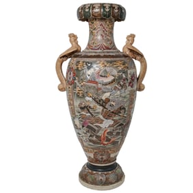Monumental Japanese Satsuma Samurai Vase With Phoenix Handles