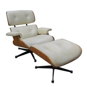 Mobilier Leather and Wood Chair and Ottoman