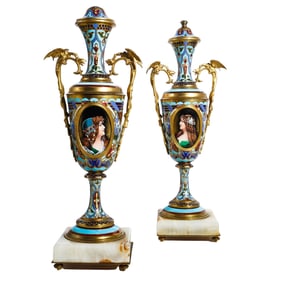 Antique French Champleve Enameled Bronze Urns, Marked