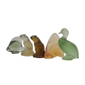 (5 Pc) Lalique Frosted, Colorful Animal Figures