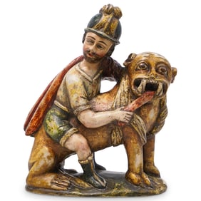 Spanish Colonial Carved Alabaster Samson Fighting Lion Statue