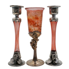 (3 Pc) Judaica Sterling Silver Overlaid Kiddush Cup & Candle Holders