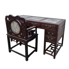 Antique Chinese Wood And Dali Marble Inset Desk & Chair
