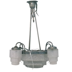 Art Deco Silvered Bronze & Glass Chandelier