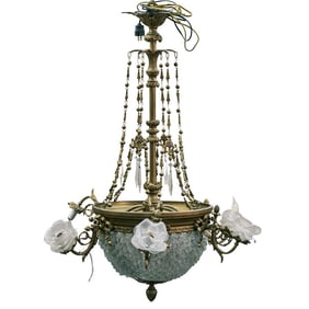 Early 20th Cent. Gilt Brass & Crystal Rose Buds Chandelier