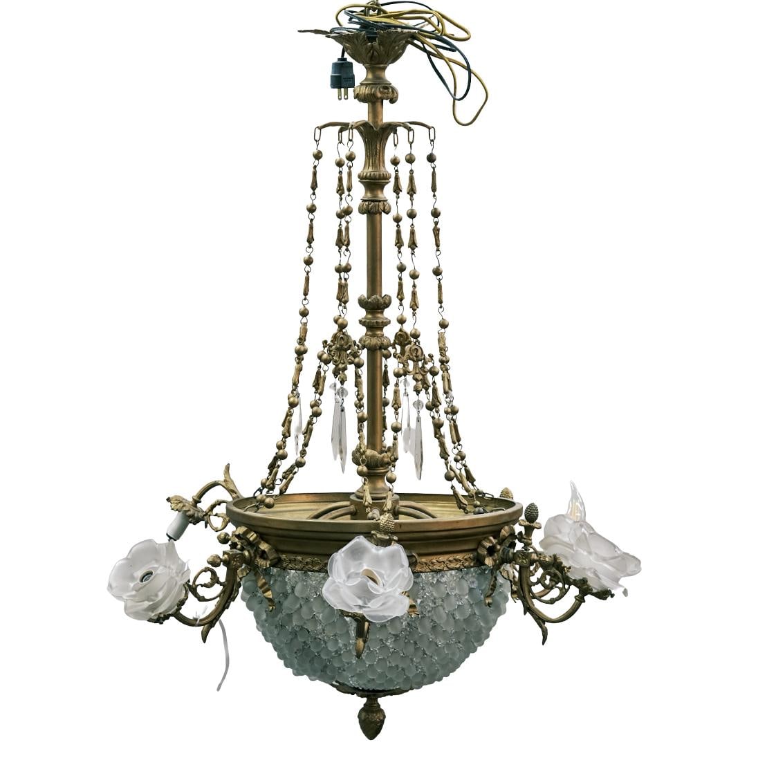 Early 20th Cent. Gilt Brass & Crystal Rose Buds Chandelier (1 of 12)